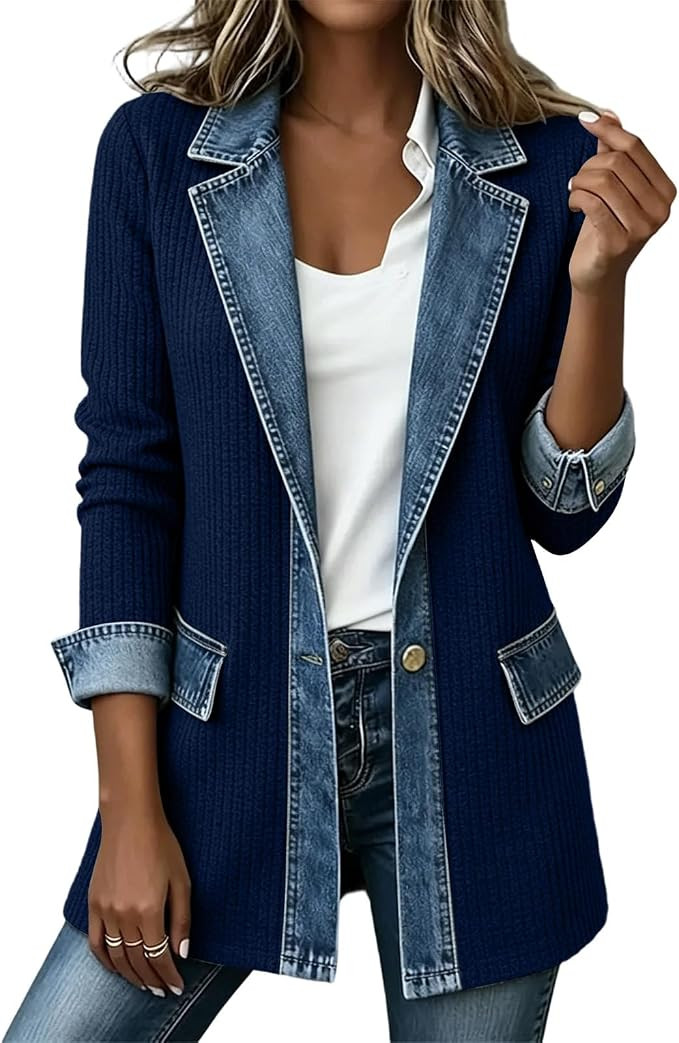 Womens Denim Patchwork Collared Shirt Jacket Casual Long Sleeve Button Front Denim Trim Blazer Li... | Amazon (US)