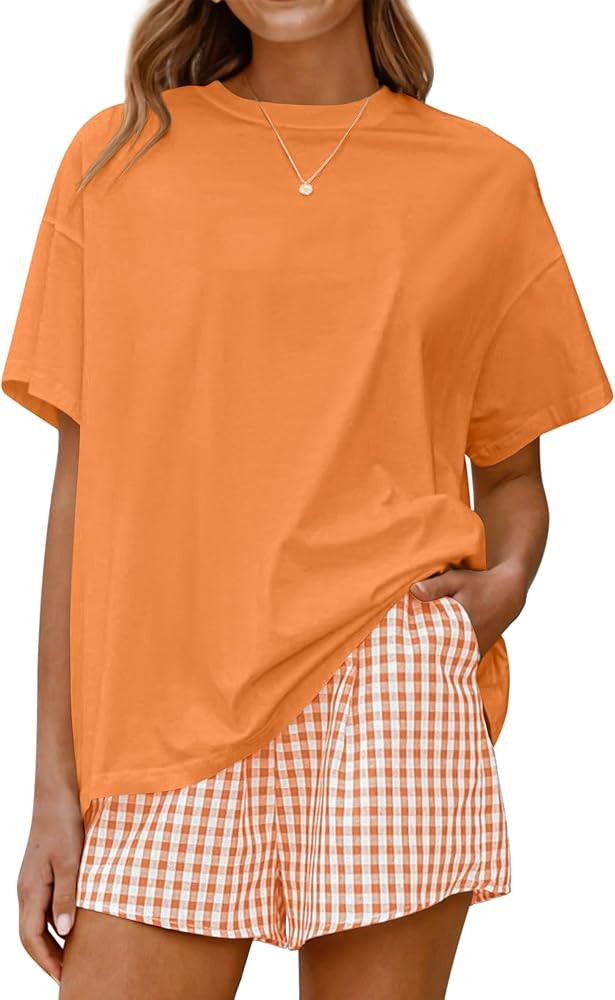 Women Two Piece Lounge Pajamas Set Oversized T-Shirts & Boxer Plaid Shorts 2026 Summer Casual Lou... | Amazon (US)