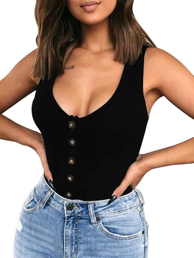 BEAGIMEG Women's Sexy Scoop Neck Button Down Tank Top Ribbed Basic Leotard Bodysuit | Amazon (US)