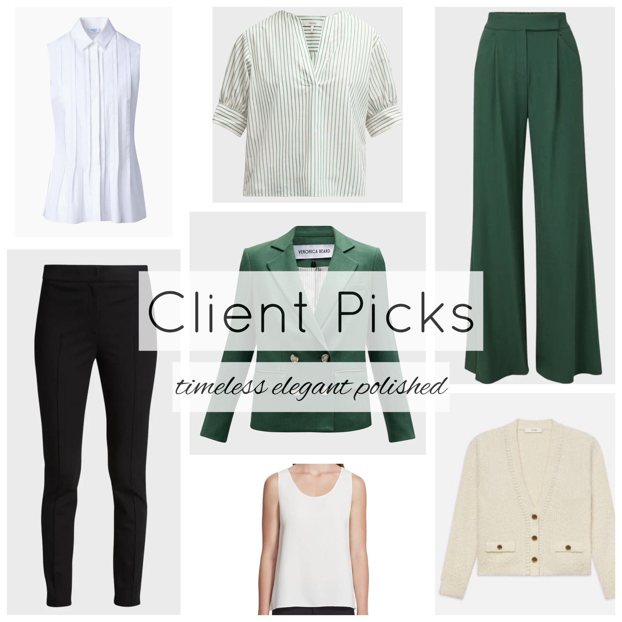 Need a timeless, polished and elegant work wardrobe? These pieces are sure to get compliments! 

Black pants tts and work well for long legs.

Green suit is tts and the pants will likely need hemming.

Striped top is a bit cropped and works well if you don’t want to tuck it in.

Cardigan is one of the softest things you’ll put on your body! ☺️ 

Both sleeveless tops are also tts.