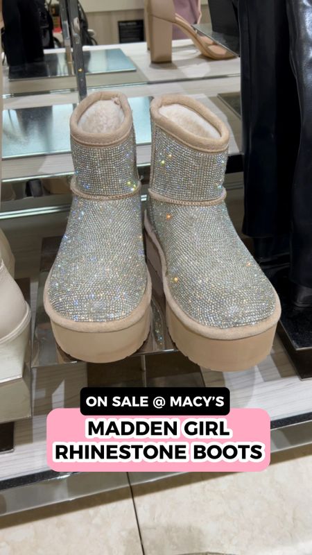 These Madden Girl rhinestone boots remind me of UGGs, and they are currently onsale at Macy’s for $43.90 (regular price $69)👀💎✨ 

They do fit a a bit snug I am a size 10, that is the size I got. If I wanted to wear thicker socks under these boots, I would definitely size up.

These rhinestone winter boots will be cute with my holiday outfits and my winter outfits 😍✨.

#LTKshoecrush #LTKGiftGuide #LTKHoliday