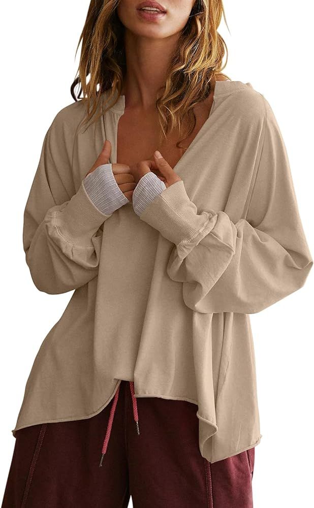 Imily Bela Womens V-Neck Tunic Tops Long Sleeve Oversized Casual Loose Fit Shirts | Amazon (US)