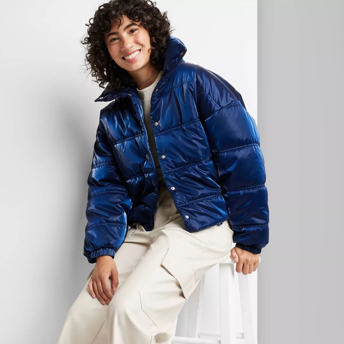 Women's Iridescent Shine Duvet Puffer Jacket - Wild Fable™ Navy Blue | Target