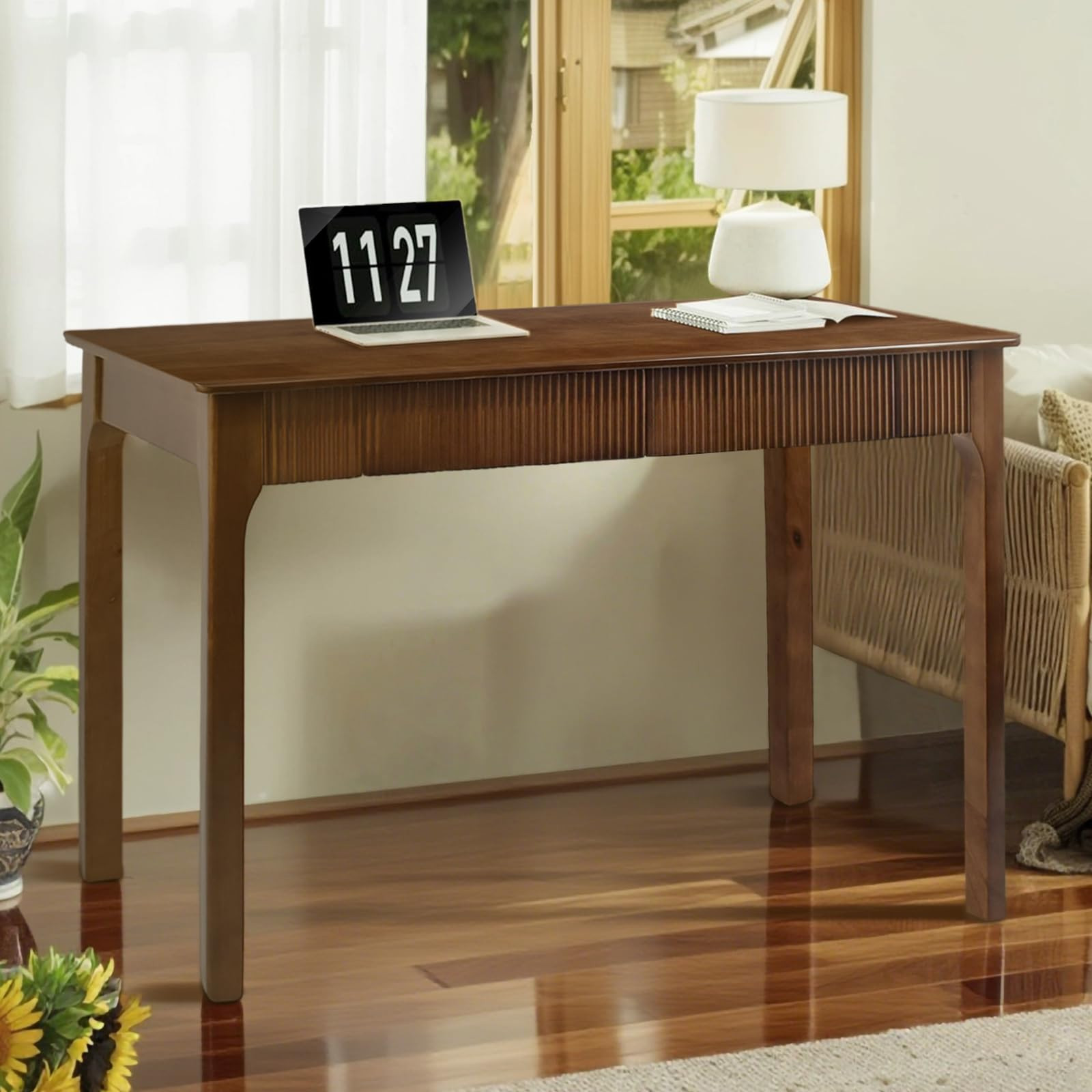 39.4'' Solid Wood Desk with 2 Drawers, Mid Century Modern Home Writing Office Small Wooden Desk ,... | Amazon (US)