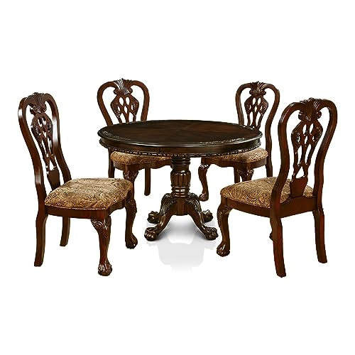 24/7 Shop at Home Hinchcombe Antique 5 Piece Round Dining Room Table Set for 4, Solid Wood Pedestal Base with Claw Feet, 4 Fabric Padded Side Chairs Set for Kitchen, Home Living, Brown Cherry | Amazon (US)