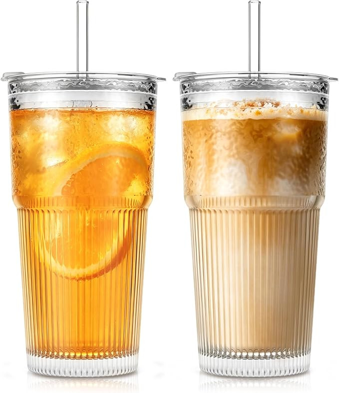 SoulTimes 600ml Ribbed Glass Tumblers with Lids and Glass Straws, Set of 2 – Leakproof Design, ... | Amazon (UK)