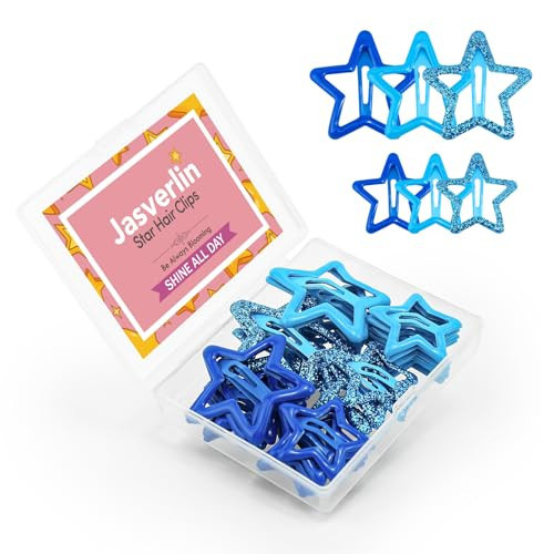 JASVERLIN Star Hair Clips for Girls, 36 pcs Cute Accessories Kawaii Metal Snap Hairclips for Women Kids, Colorful Y2k Aesthetic Glitter Stars Barrettes Assorted Size (Blue) | Amazon (US)