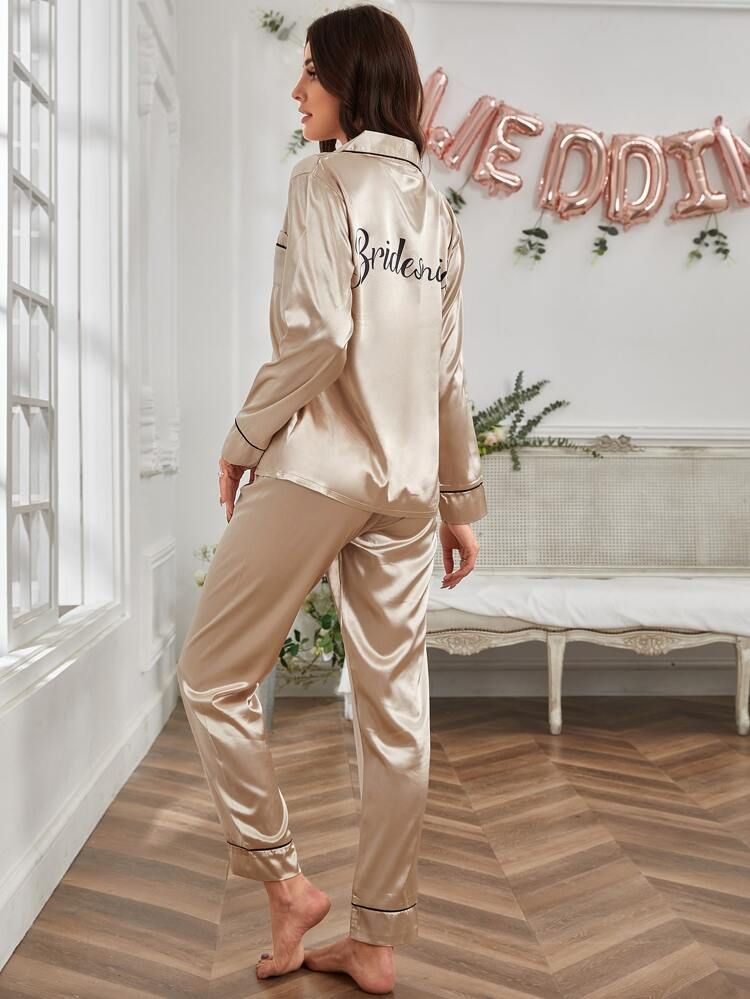 Bridesmaid Print Contrast Binding Satin PJ Set | SHEIN