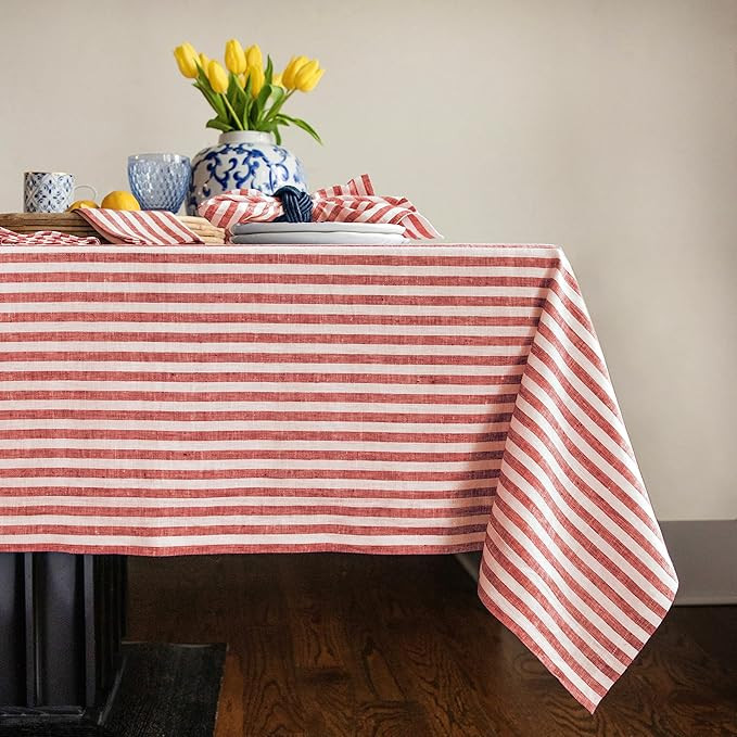Solino Home Stripe Linen Tablecloth 90" L x 60" W Inch – 100% Pure Linen Red and White Tableclo... | Amazon (US)