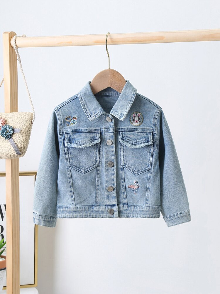 Toddler Girls Letter & Rabbit Embroidered Denim Jacket | SHEIN