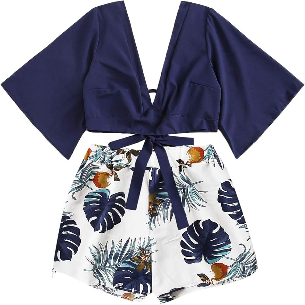 SweatyRocks Women's 2 Piece Boho Butterfly Sleeve Knot Front Crop Top with Shorts Set | Amazon (US)