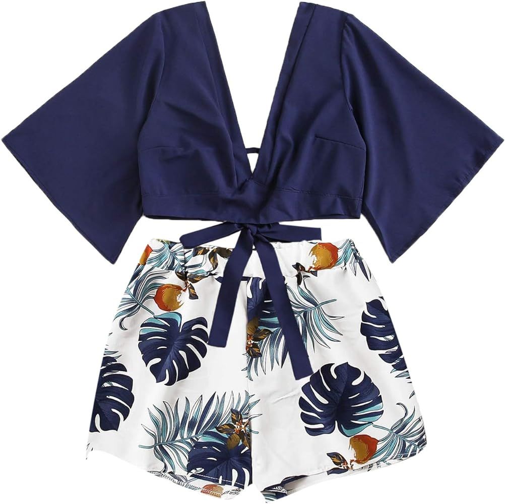 SweatyRocks Women's 2 Piece Boho Butterfly Sleeve Knot Front Crop Top with Shorts Set | Amazon (US)