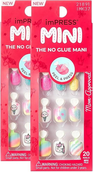 KISS imPRESS No Glue Mani Press On Nails, Mini, 'Berry Best', Multicolor, Kids Size, Squoval Shap... | Amazon (US)