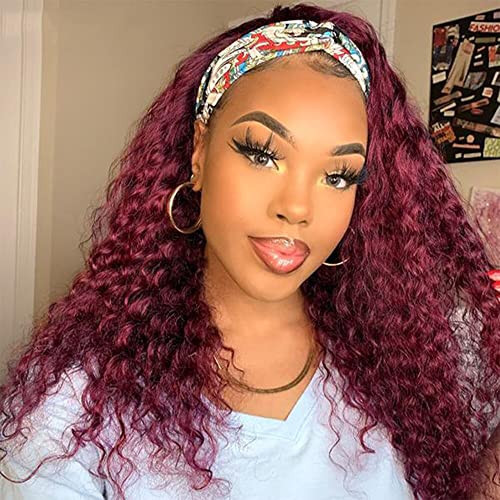 XSY 99J Burgundy Headband Wig Deep Wave Human Hair Wigs 150% Density Red hair Half Wigs For Black Women Glueless None Lace Front Wigs With Headband Attached (10 Inch) | Amazon (US)