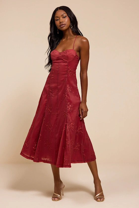 Ailene Red Embroidered Bustier Midi Dress | Lulus