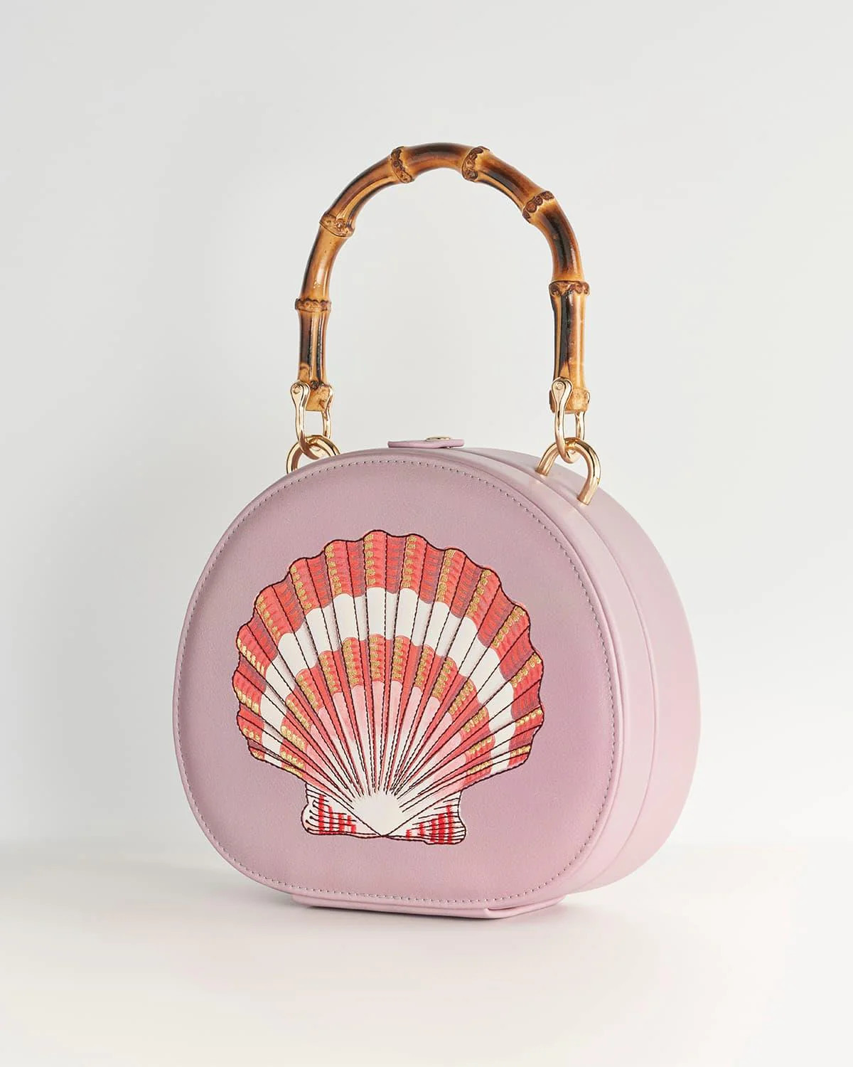 Embroiderd Shell Lilac Bamboo Top Handle Bag | Fable England