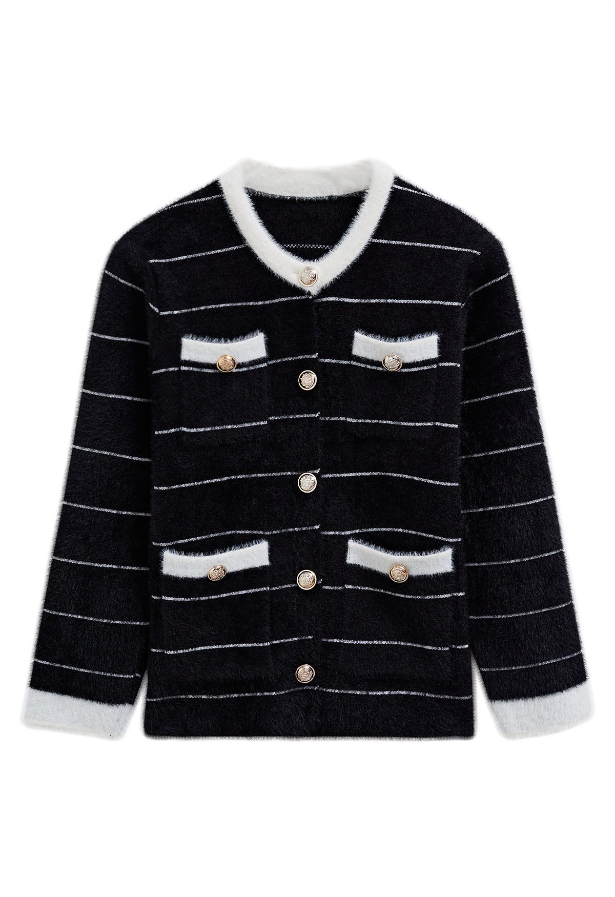 Contrast Striped Patch Pocket Fuzzy Knit Cardigan in Black | Chicwish