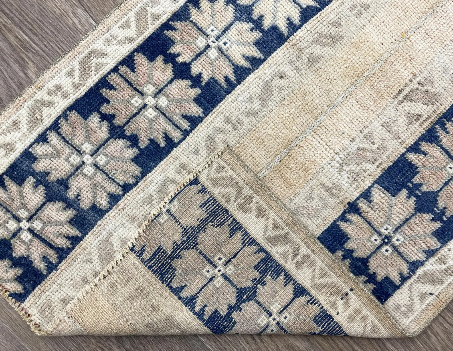 Hand-knotted Turkish Runner Rug: 2x5 Beige & Navy Wool Vintage Oushak - Etsy | Etsy (US)