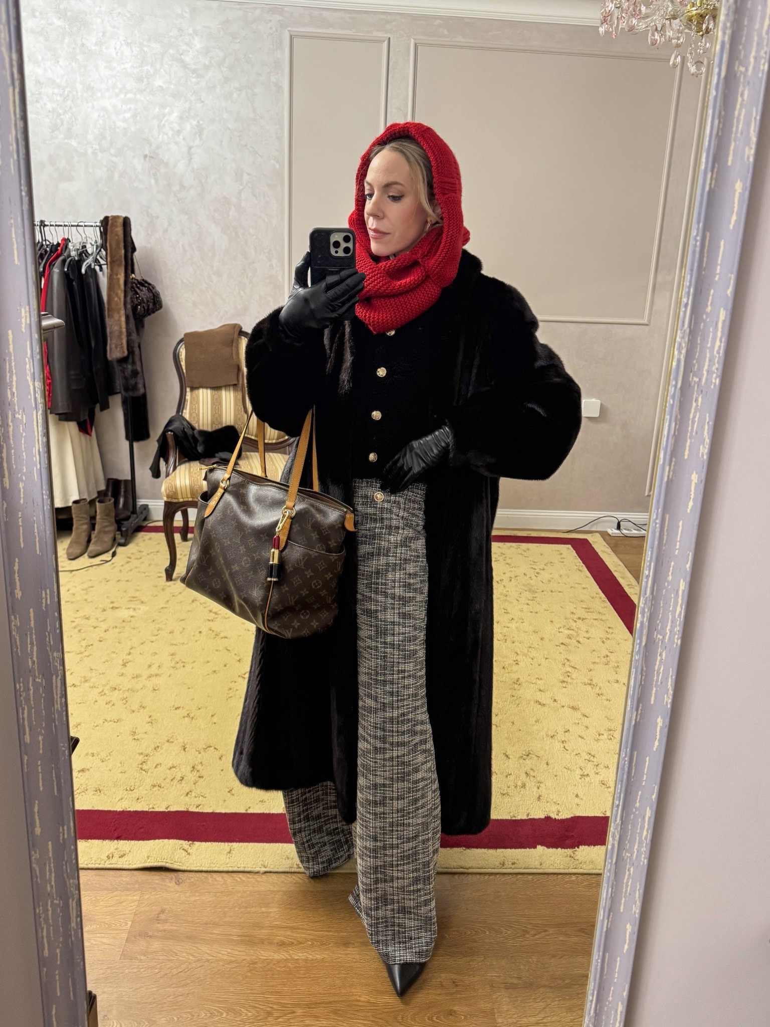 Winter work wear, vintage fur coat, red balaclava scarf, tweed pants, office look, Louis Vuitton tote bag 

#LTKWorkwear #LTKFindsUnder100 #LTKootd