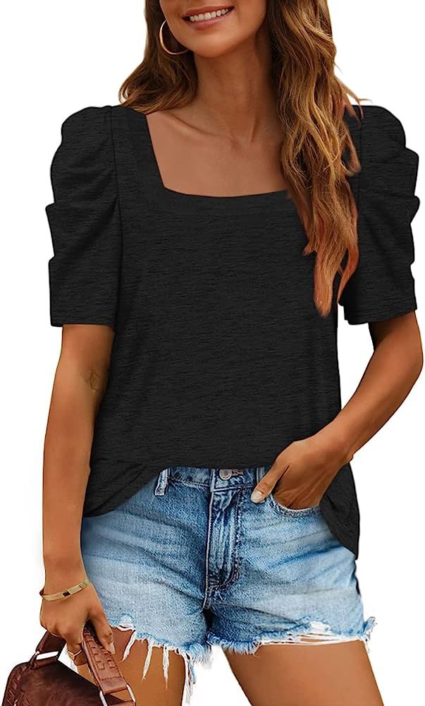 Danedvi Women Summer Casual V-Neck Short Puff Sleeves T Shirt Solid Basic Tunic Tops | Amazon (US)