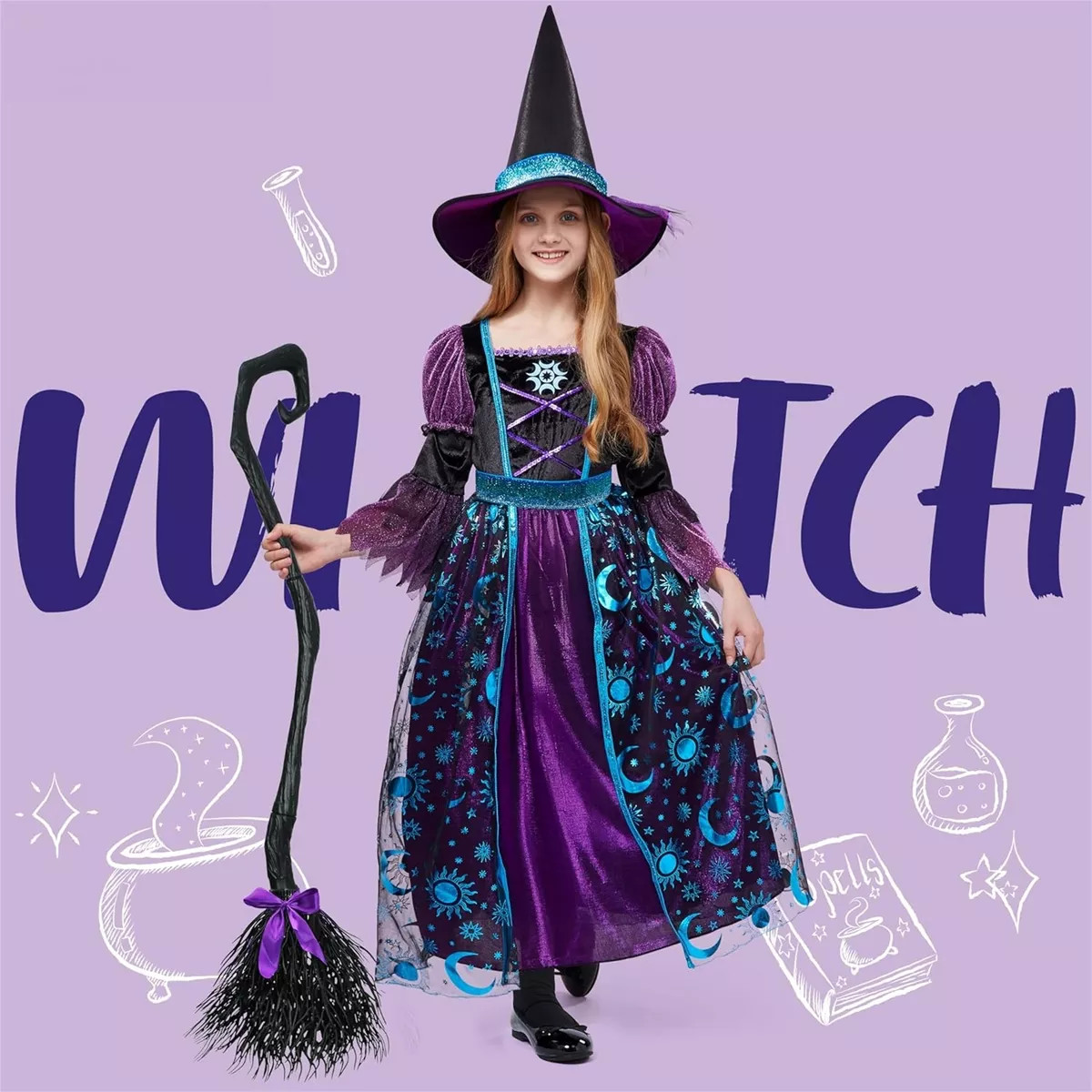 Joyfy Halloween Costume Witch Dress with Broom and Hat for Girls, Kids Moon Shimmer Costume Set f... | Target
