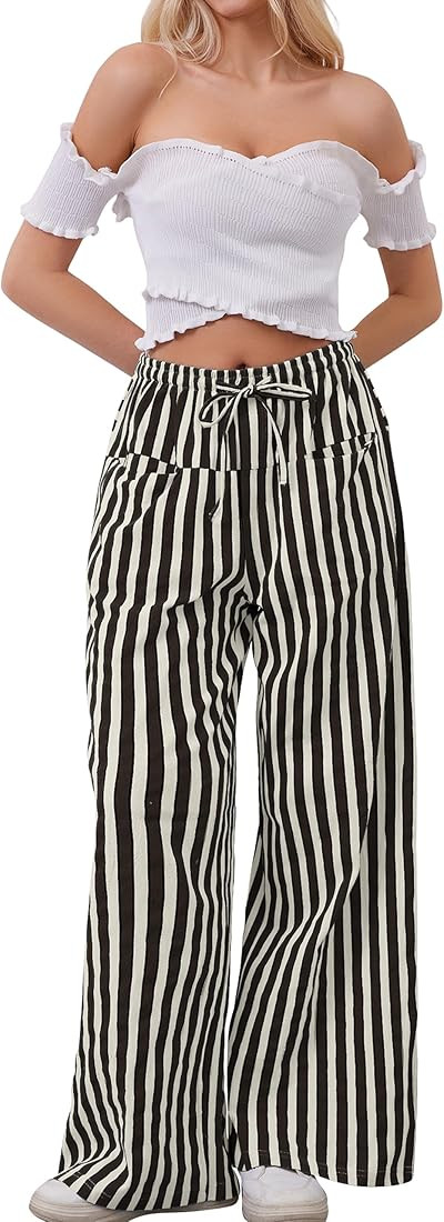 Women Drawstring Stripe Wide Leg Casual Trousers Striped Low Rise Casual Loose Lounge Pants with ... | Amazon (US)
