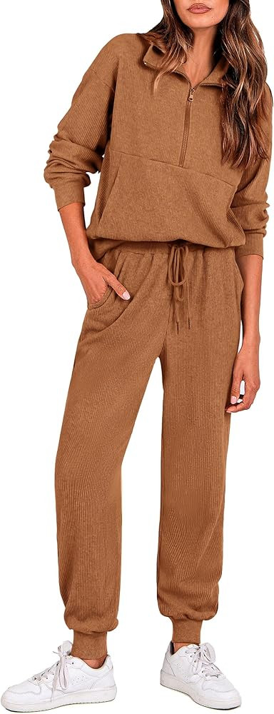 PRETTYGARDEN Womens 2 Piece Sweatsuits Set Long Sleeve Half Zip Pullover Sweatshirt Joggers Sweat... | Amazon (US)