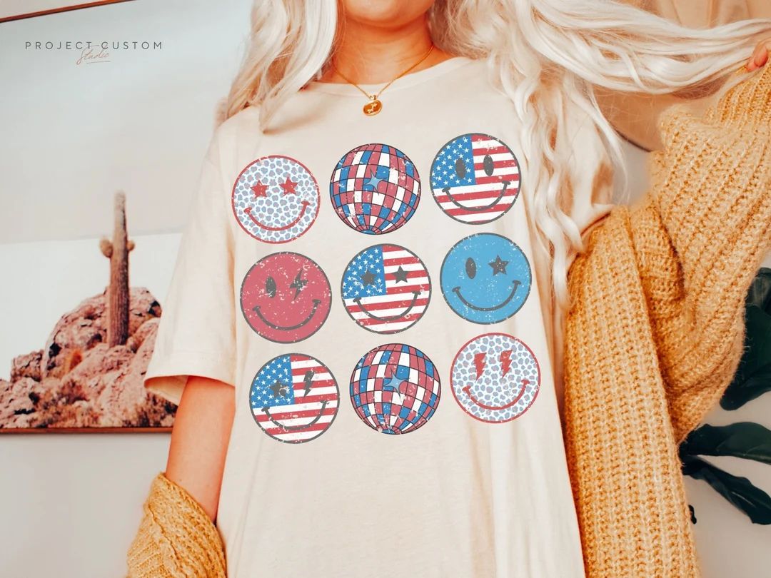 Comfort Colors Shirt Retro Smiley America Tshirt 4th of July T-shirt Trendy Oversized Beach Lake ... | Etsy (US)