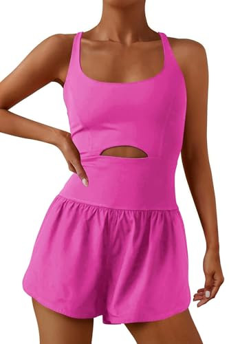 ReachMe Womens Running Onesie Workout Rompers Athletic Romper One Piece Outfits Exercise Jumpsuits Gym Yoga Clothes(Hot Pink,S) | Amazon (US)