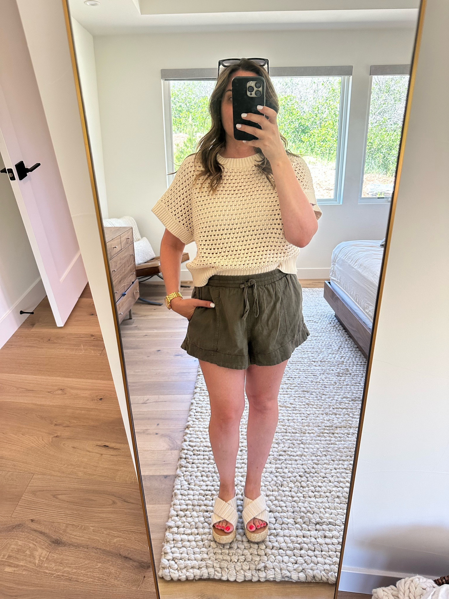 Outfit from summer capsule wardrobe 
Knit sweater
Linen shorts
Platform wedges 

#LTKunder50 #LTKSeasonal #LTKshoecrush