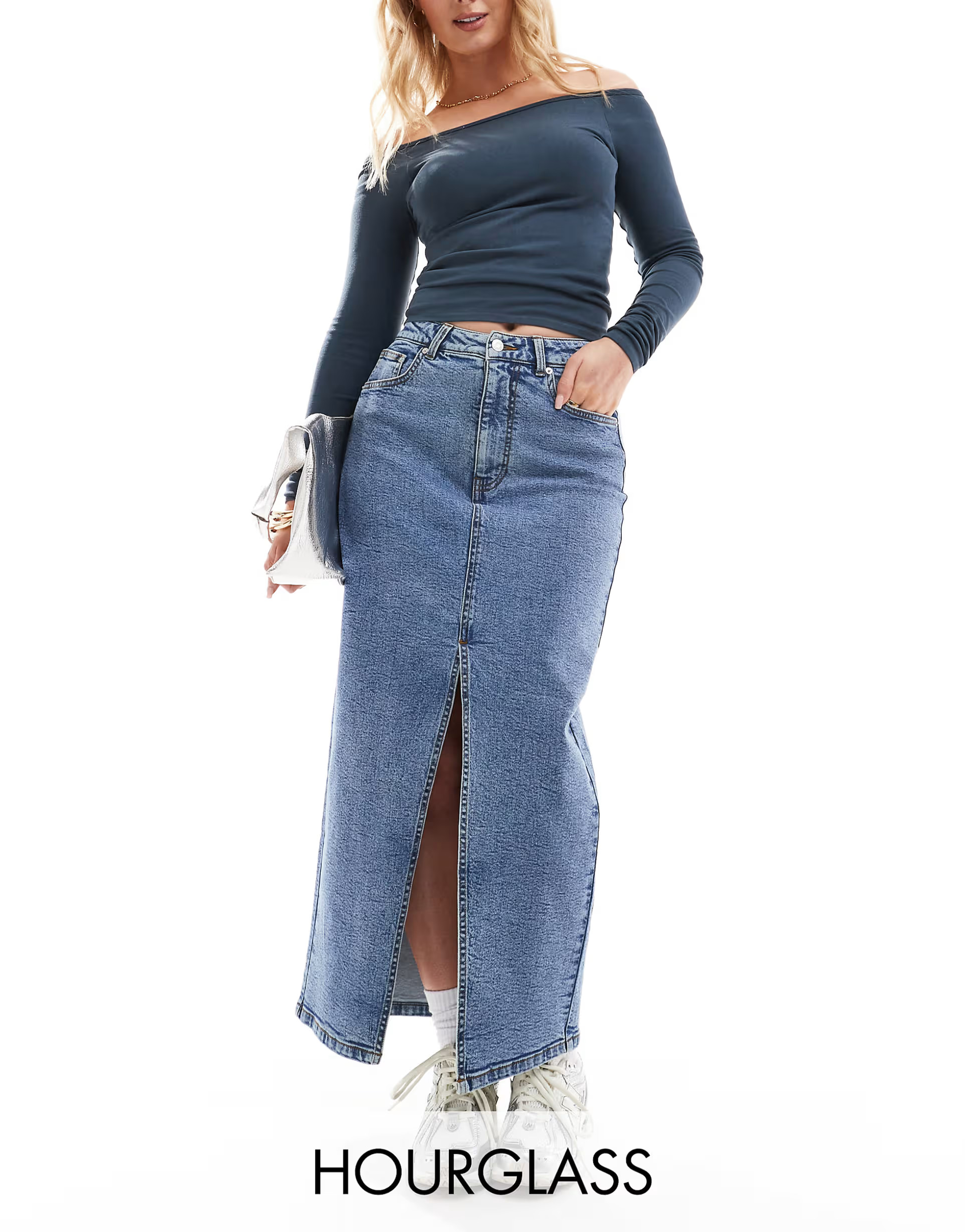 ASOS DESIGN Hourglass denim maxi skirt with split hem in midwash blue | ASOS (Global)