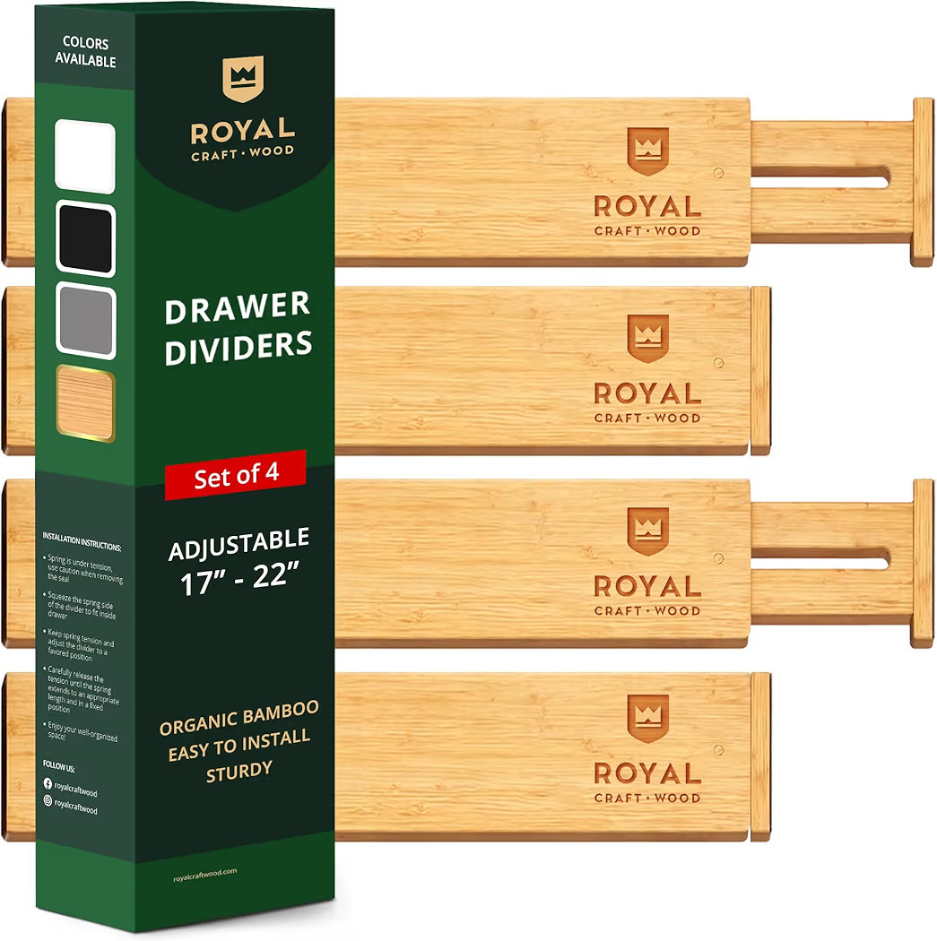 Drawer Divider and Organizer for Kitchen Organization - Adjustable Bamboo Drawer Dividers Organizers (17 - 22") - 4-Pack Expandable Drawer Organization Separators for Kitchen, Bedroom & More, Natural | Amazon (US)