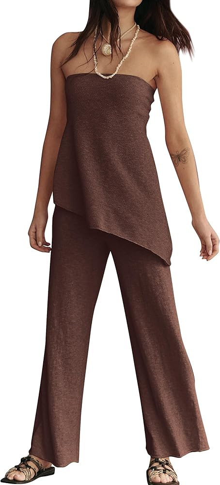 2 Piece Sets for Women Tube Tops and Pants Lounge Sweater Sets Summer Beach Travel Vacation Outfi... | Amazon (US)