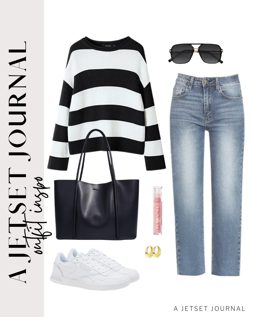 A black striped sweater paired with a black leather bag looks great together and is perfect for casual date nights. I plan to complete the outfit with dark SOJOS aviator sunglasses and a touch of Tower 28 lip gloss jelly before heading out. 

 #LTKSeasonal #LTKSaleAlert #LTKTravel
