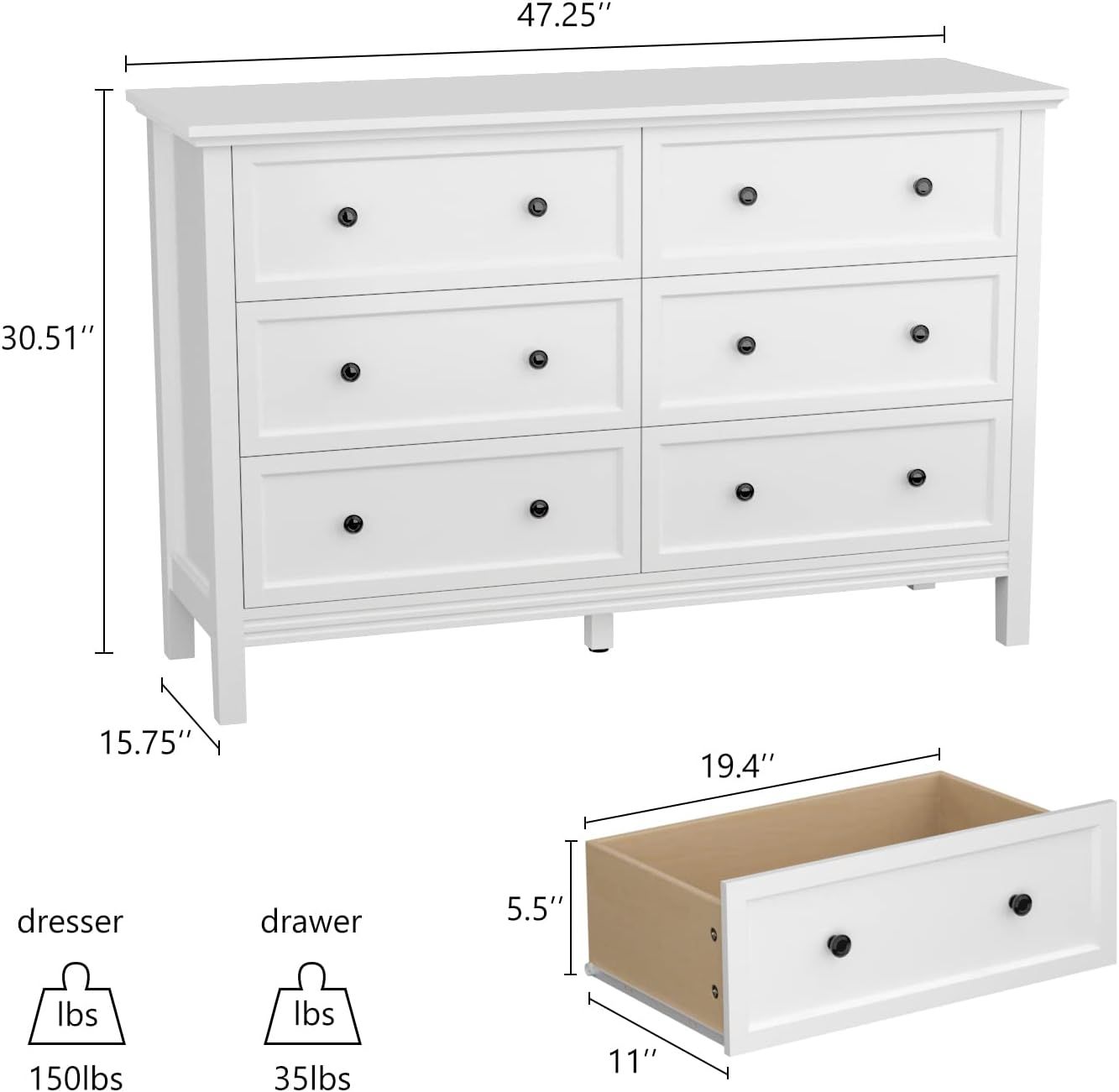 JOZZBY White Dresser, 6 Drawer Double Dresser for Bedroom with Metal Knobs & Wide Storage, Chest ... | Amazon (US)