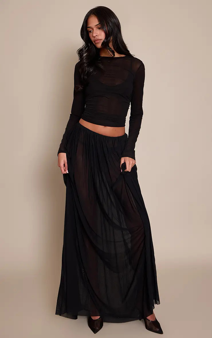 Black PrettyLittleThing Mesh Drape Maxi Skirt | Boohoo USA | boohoo (US & Canada)