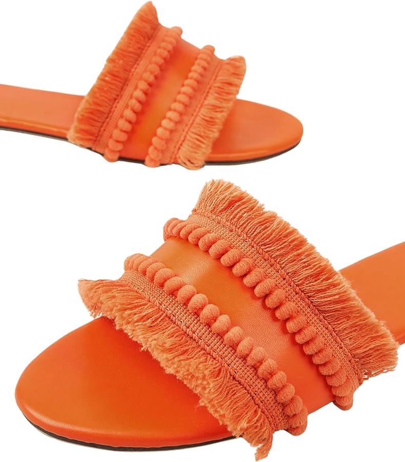 OYOANGLE Women's Fringe Trim Satin Open Toe Flat Slide Sandals Summer Casual Slip on Dressy Sanda... | Amazon (US)