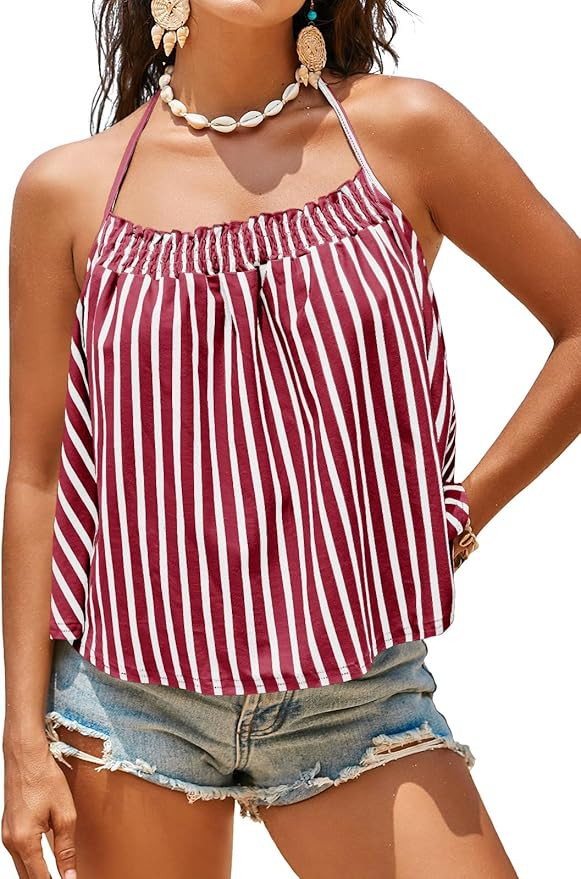 Tankaneo Womens Striped Halter Camisole Tank Tops Vacation Open Back Crop Tops Flowy Pleated Y2k ... | Amazon (US)