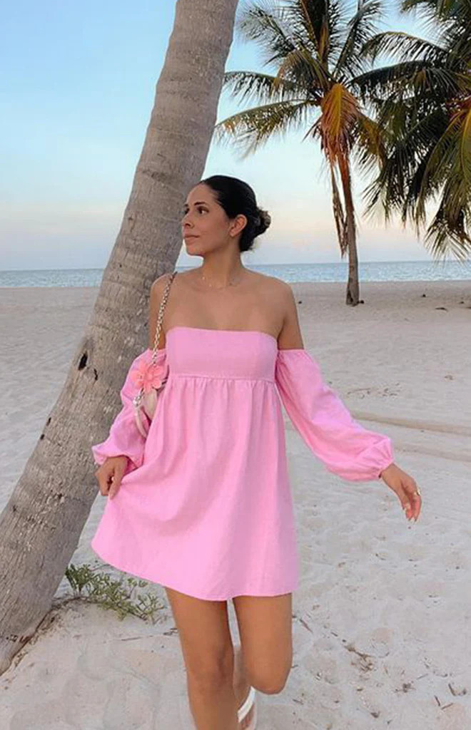Koa Pink Off Shoulder Linen Mini Dress | Beginning Boutique (US)