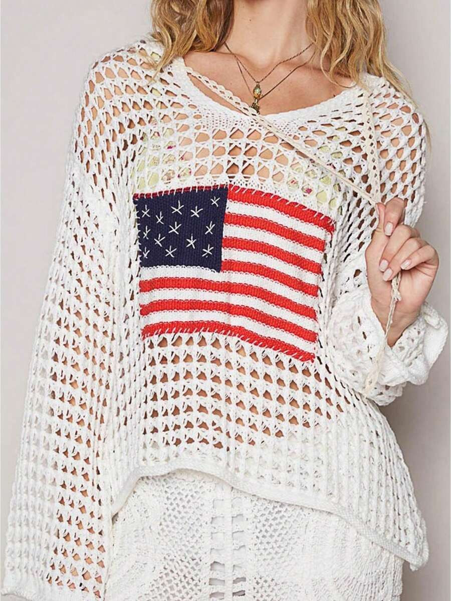 LocalWomen's American Flag Crochet Mesh Sweater Loose Fit Open Knit Long Sleeve Top Patriotic Fla... | SHEIN