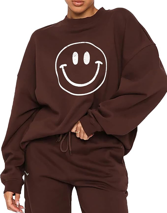 Cioatin Women’s Oversize Fleece Smiley Face Graphic Sweatshirt Crewneck Drop Shoulder Loose Fit... | Amazon (US)