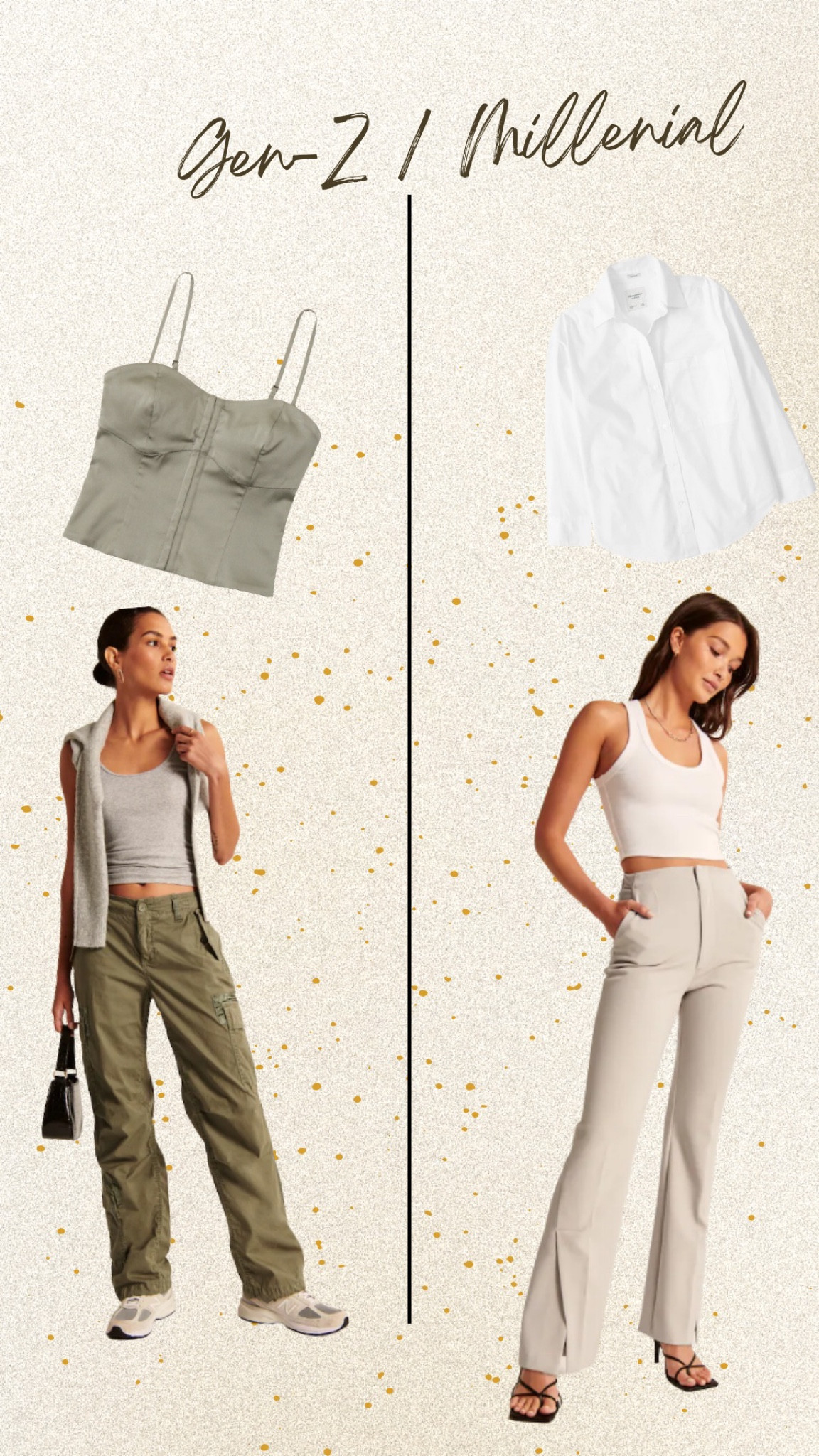 Abercrombie trendy styles Gen z versus Millenial
Beige straight pants
White button
Up Oversize 
 Green crop top cargo pants


#LTKsalealert #LTKSeasonal #LTKU