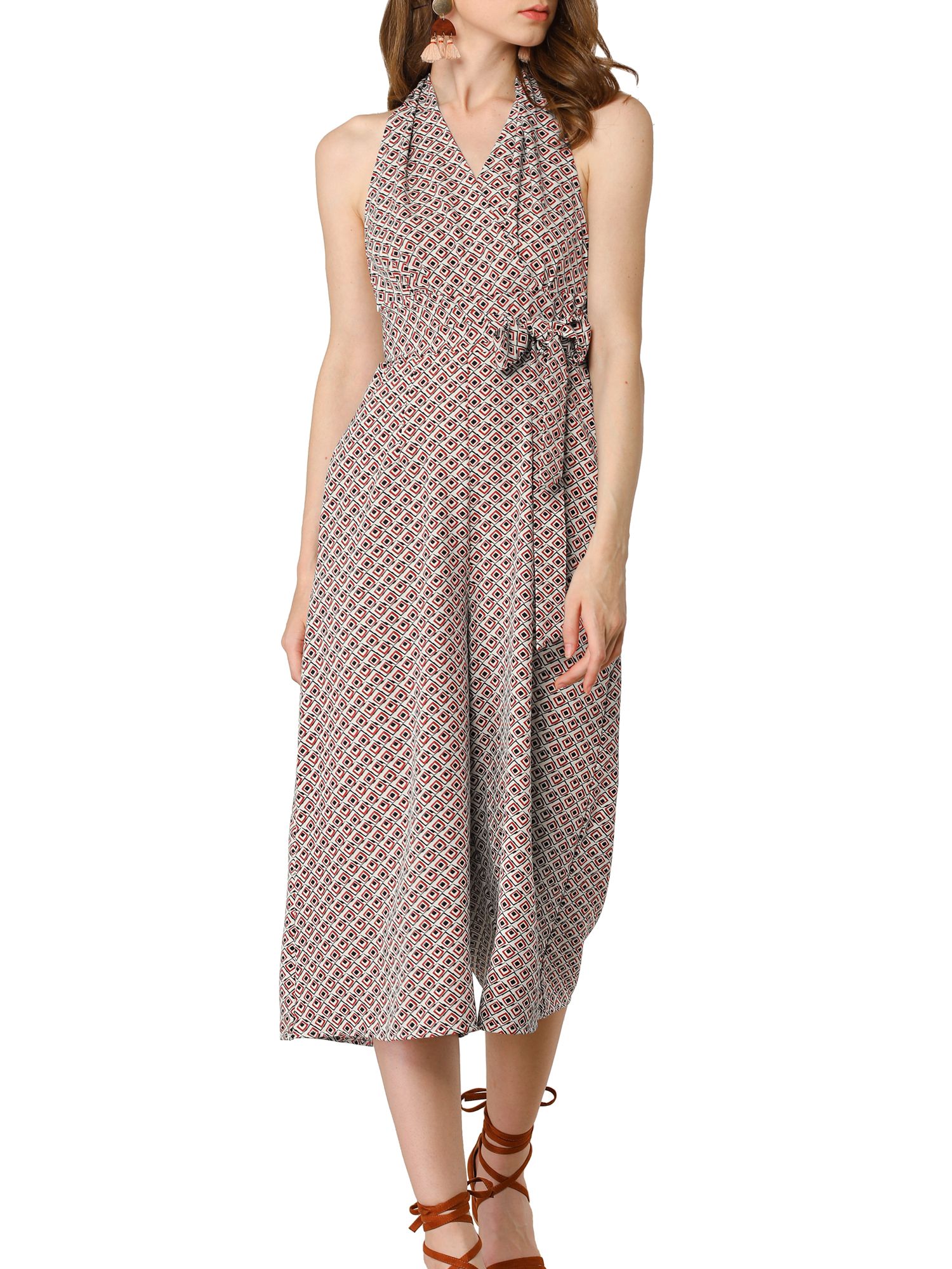 Allegra K Women's Sleeveless Low Open Back Tile Print Halter Neckline Tie Waist Jumpsuit - Walmar... | Walmart (US)