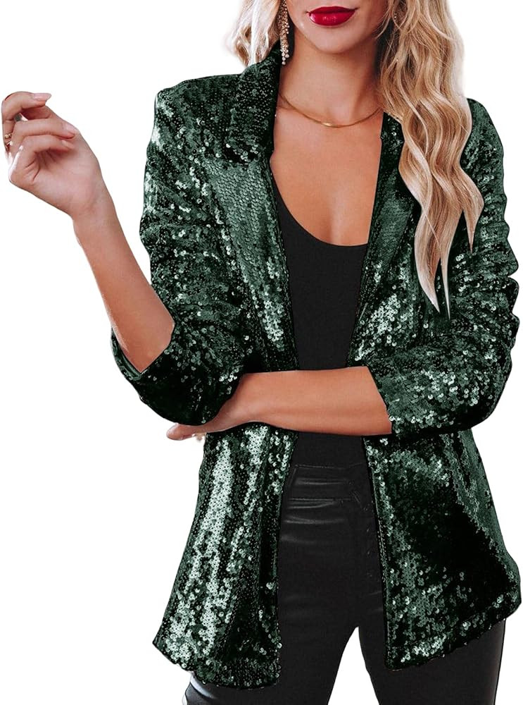 Women's Sequin Blazer Sparkly Party Christmas Long Sleeve Lapel Open Front Glitter Sequin Jacket | Amazon (US)