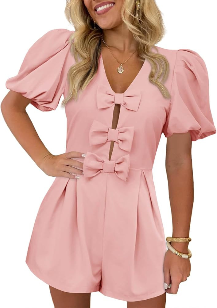 Cicy Bell Womens Cute Rompers Bow Front Puff Sleeve V Neck Short Jumpsuits Sexy Summer Outfits wi... | Amazon (US)