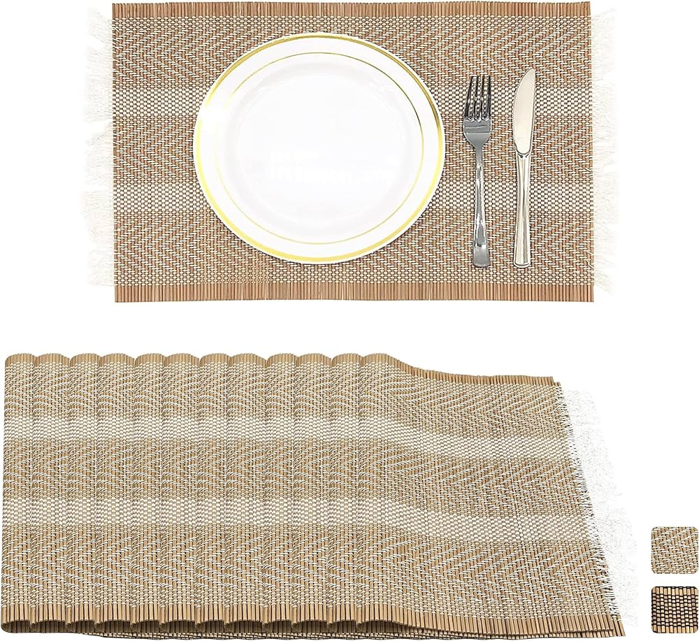 ANDSTAR Set of 12 Pcs Bamboo Placemats with Fringed Decoration Natural Anti-Slip Bamboo Placemats... | Amazon (US)