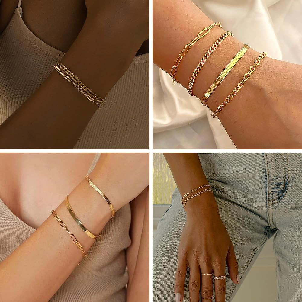 Gokeey 7pc Gold Bracelets for Women, 14K Real Gold Dainty Layered Cuban Link Paperclip Chain Herribone Bracelets Cute Stackable Gold Chain Bracelet Set for Women Trendy Jewelry Gifts | Amazon (US)