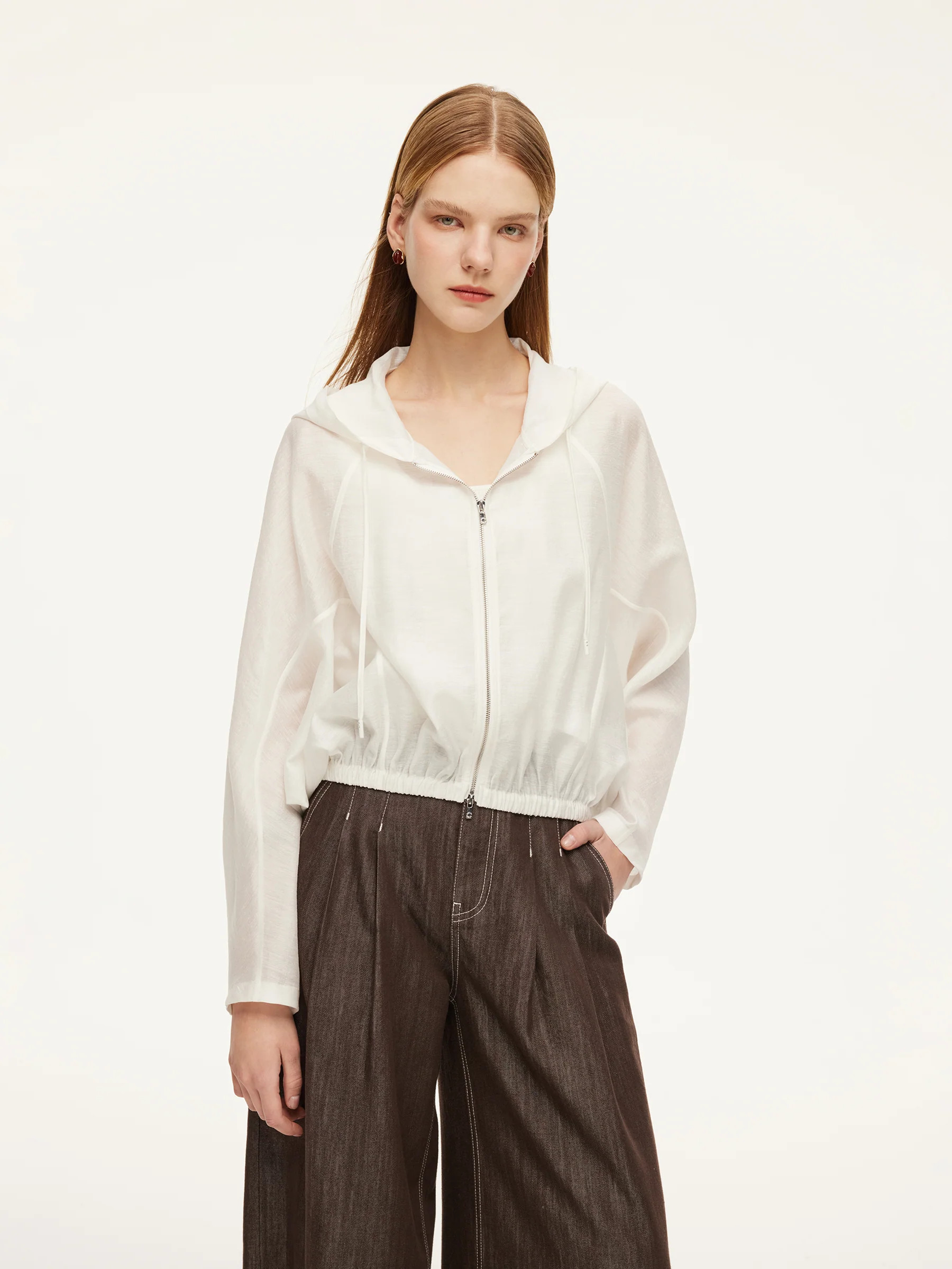Tencel Acetate Linen Blend Women Zip-Up Hooded Cropped Jacket | GOELIA