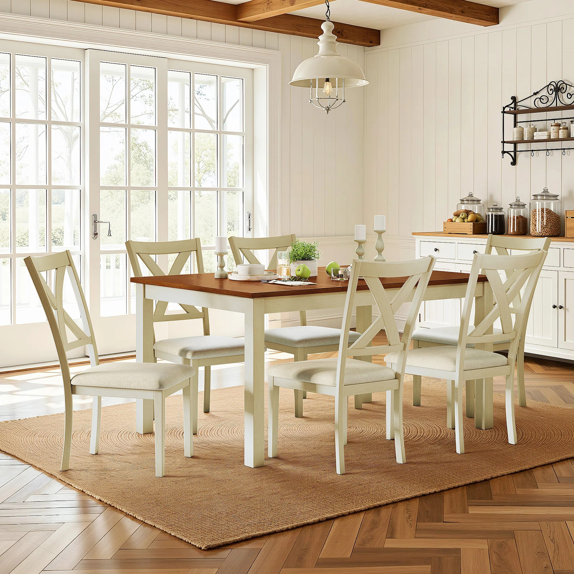 Deral 6 - Person Farmhouse Rectangular Solid Wood Dining Set, Brown/White | Wayfair North America