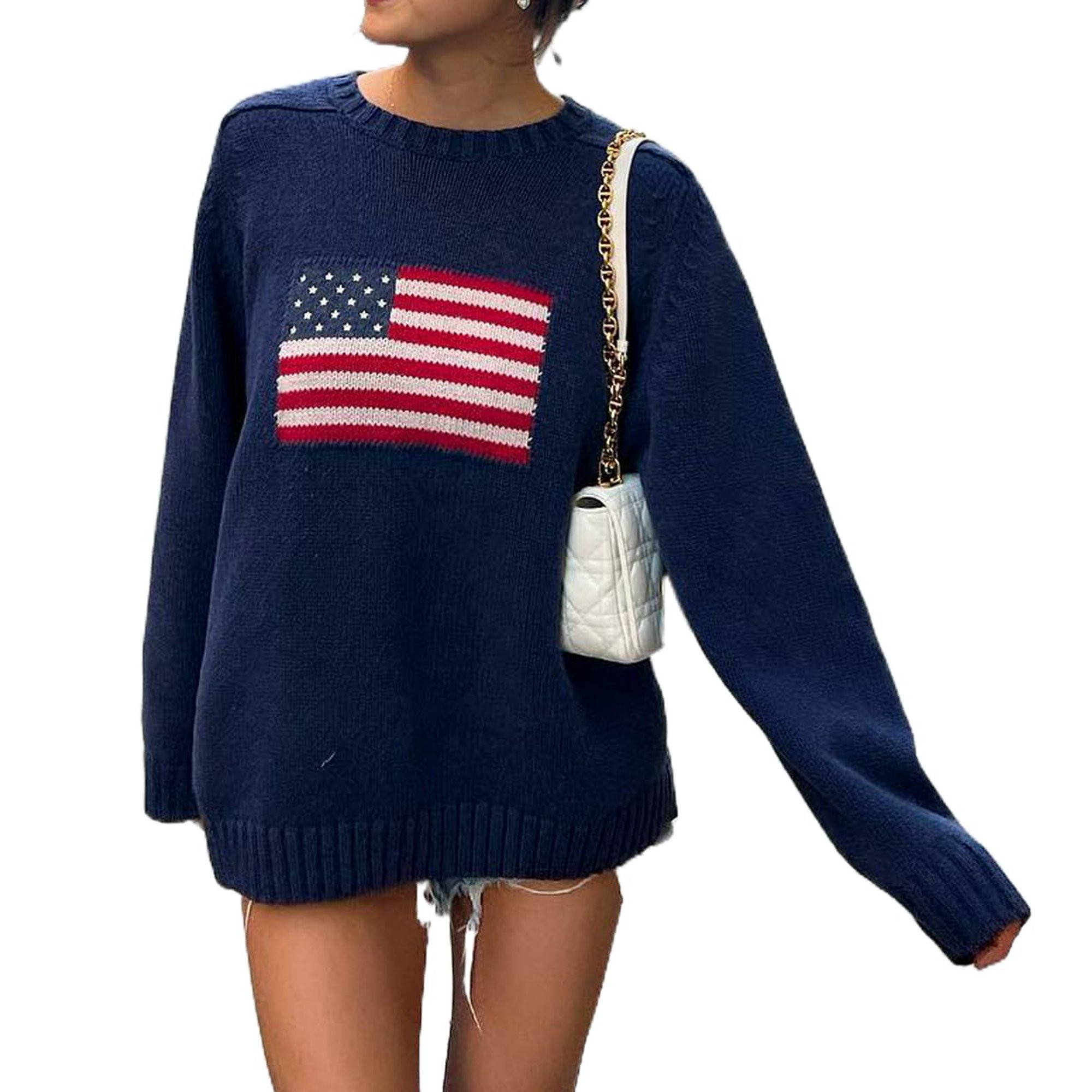 Women Y2K Vintage Loose Casual Sweater Long Sleeve Round Neck American Flag Print Knit Pullovers ... | Walmart (US)